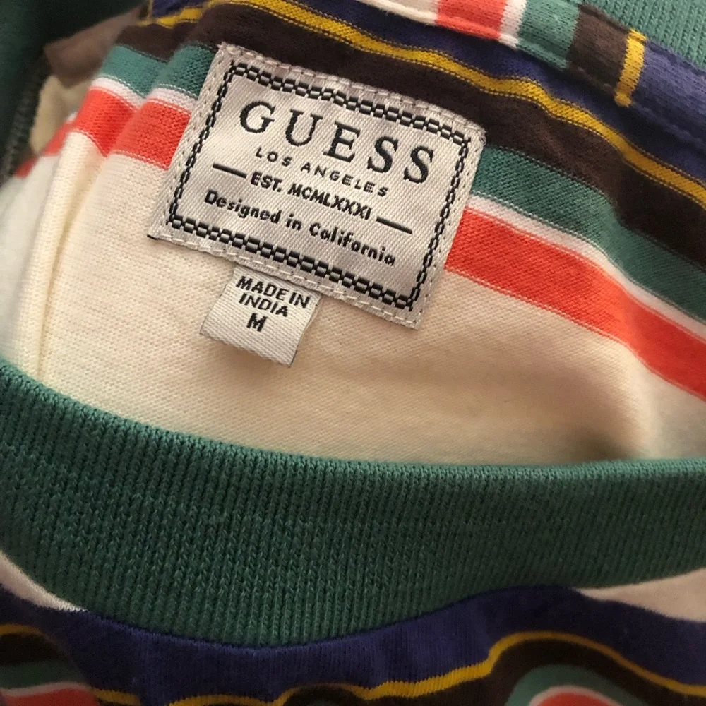 GUESS White Striped Short Sleeve Tee with Green Collar - Picture 5 of 6